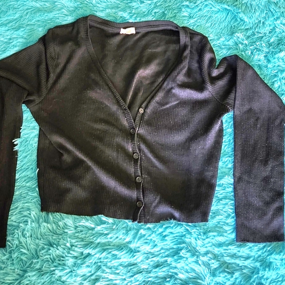 Black knit cover up V Neck Button Up Top Heart Hip